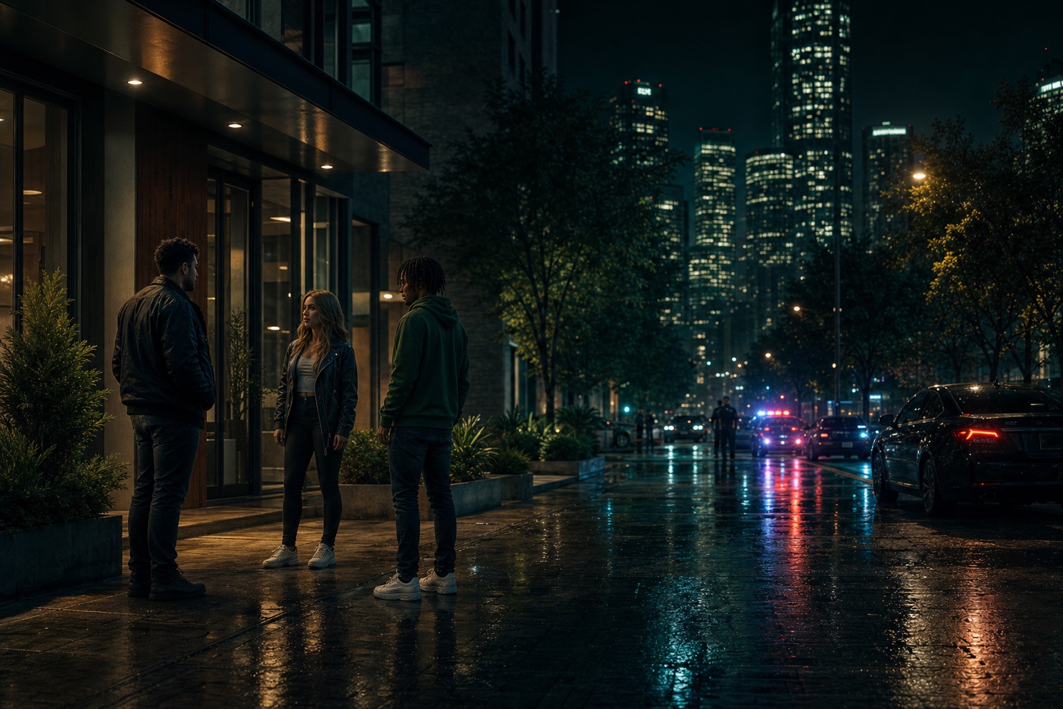 Community members meeting on a downtown street at night