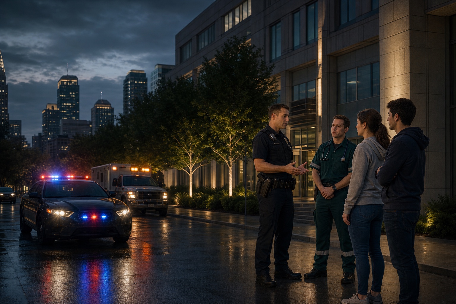 Public safety staff speaking with community members outside a civic building