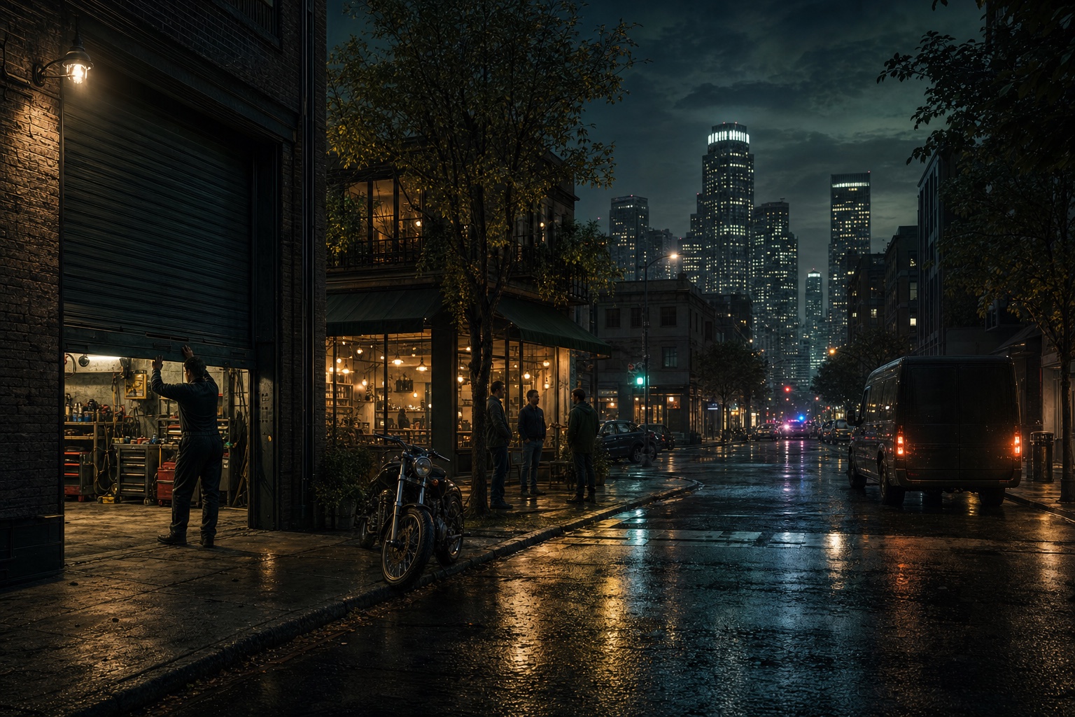 A living city neighborhood at night after rain